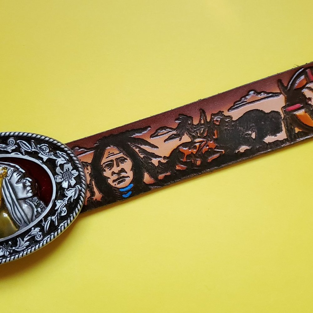Native American Indian Leather Belt Cowhide and Matching epoxy oval Indian Chief